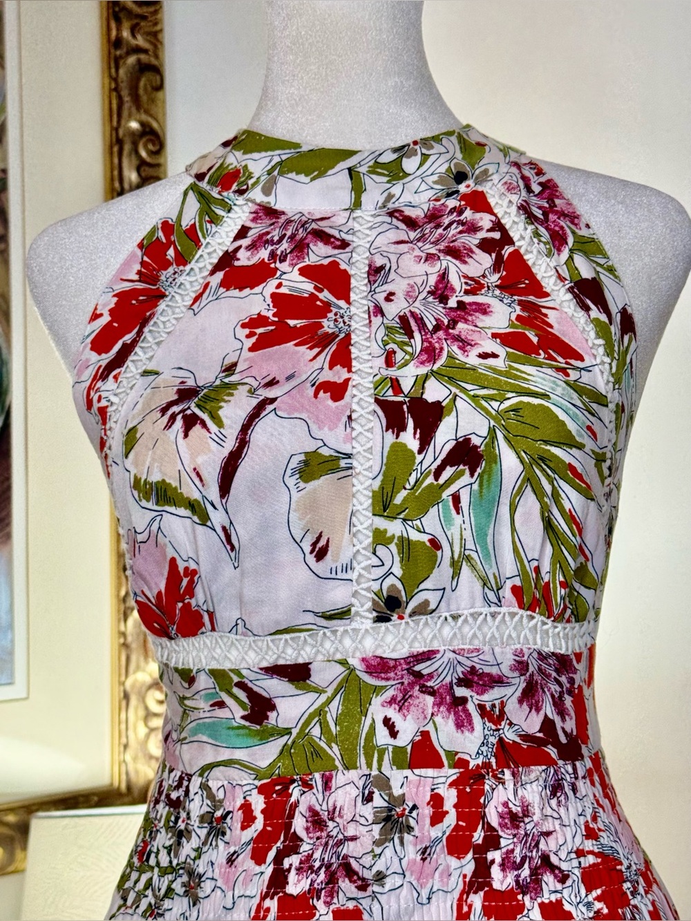 Abel The Label Dress S Floral Halter Open Back Maxi Boho Resort Slit Crochet - Picture 2 of 9